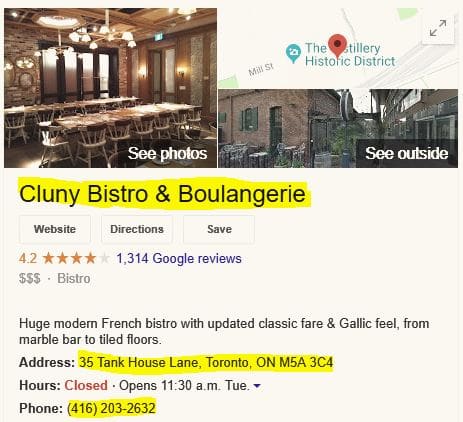 Cluny Bistro's Google My Business Listing.