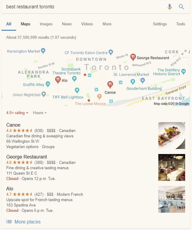 Showing the Google My Business listings when searching for "best restaurant toronto".