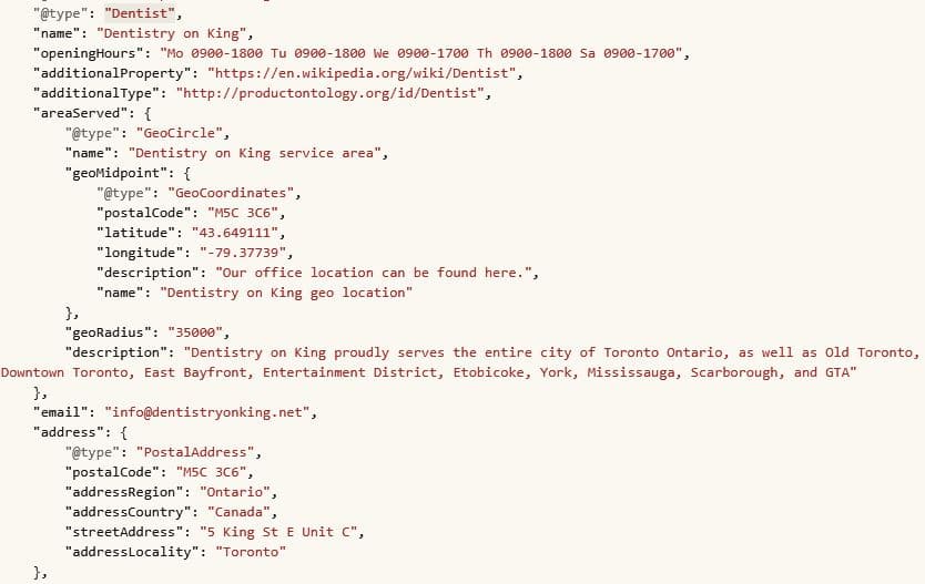 Structured data schema for a dentist.