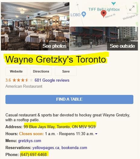 The GMB for Wayne Gretzky's restaurant.