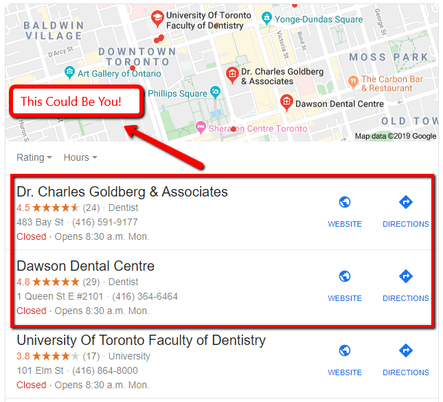 Google Maps results of dental practices.