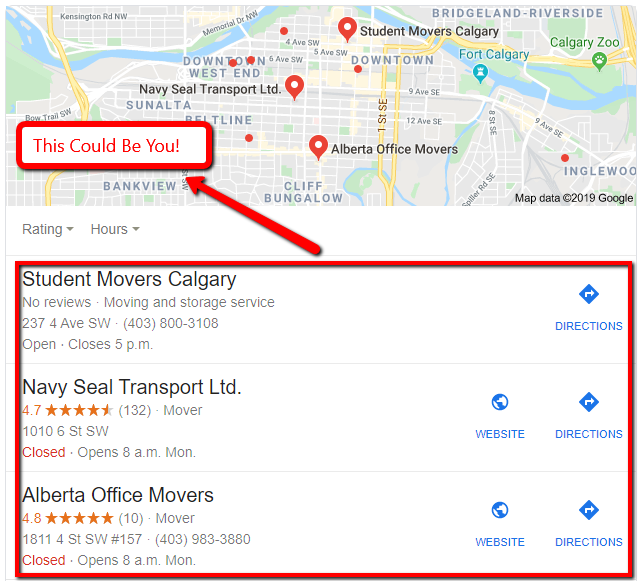 Local Google My Business Maps results for a moving company query.
